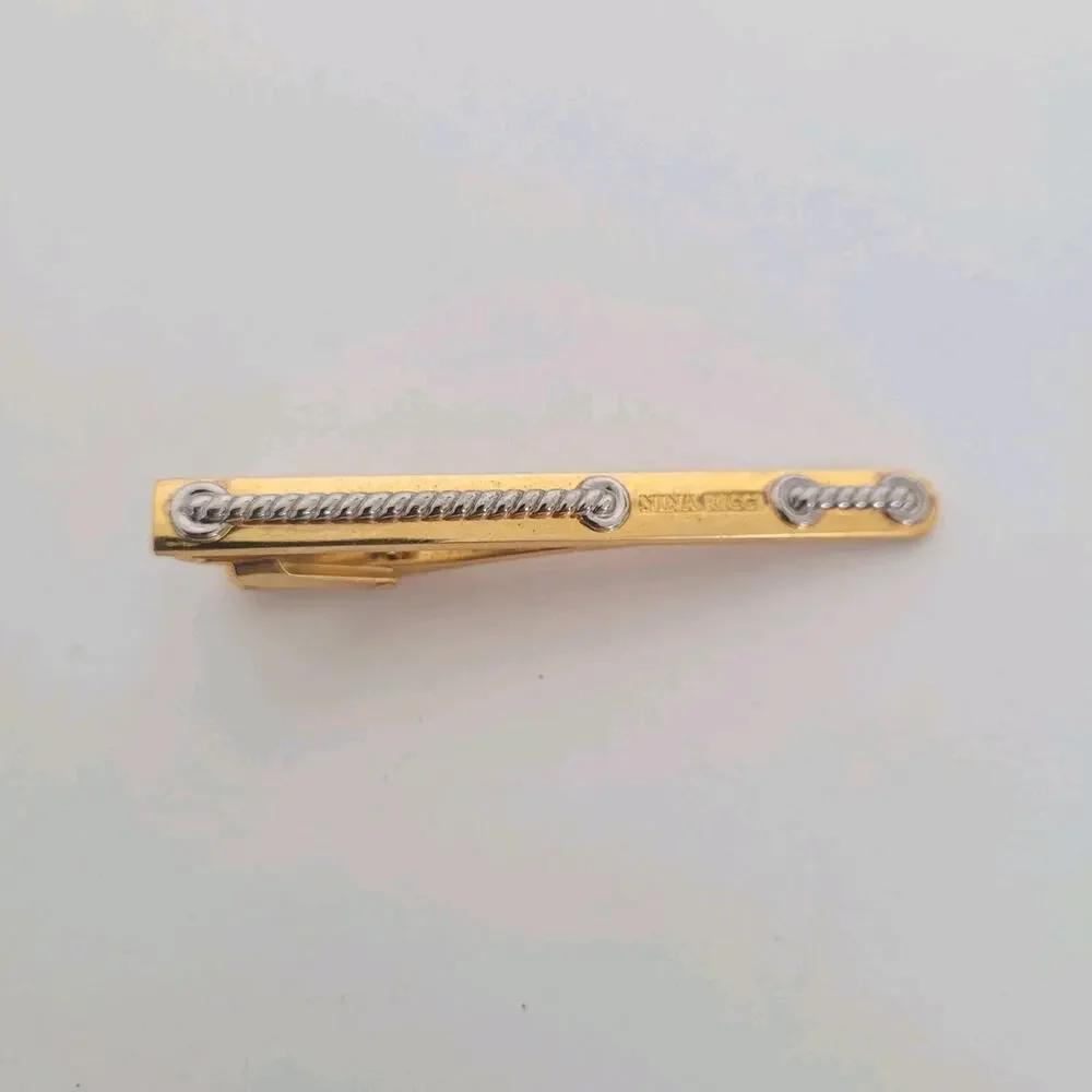 Nina Ricci Gold Silver Tone Tie Bar Clip‎ 2 Inch Logo Vintage Rope Clasp Germany